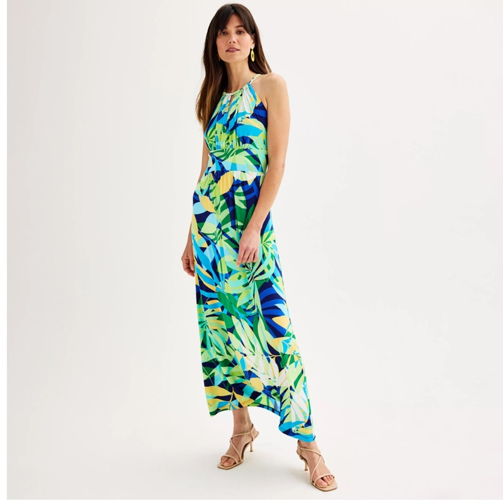 Tropical Print Halter Maxi Dress